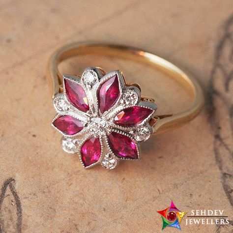 Up your style by adorning the ruby stone ring Vintage Flower Ring, Moonlight Wedding, Engagement Rings Rose, Gold Knot Ring, Ruby Wedding Rings, Rough Rose Quartz, Ruby Jewellery, Diamond Flower Ring, Unusual Engagement Rings