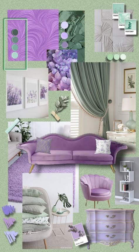 moodboard, lavanda, mint💜💚 Lavender Office Decor, Sage Green And Lilac Bedroom, Green And Lilac Bedroom, Green And Lavender Bedroom, Lavender Living Room Ideas, Sage And Lavender Bedroom, Lavender Living Room Decor, Purple And Green Living Room, Green And Purple Living Room