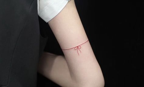 Red Bow Tattoo, Red String Tattoo, String Tattoo, Matching Tats, Bow String, Bow Tattoo, Birth Flower Tattoos, Line Tattoo, Red String