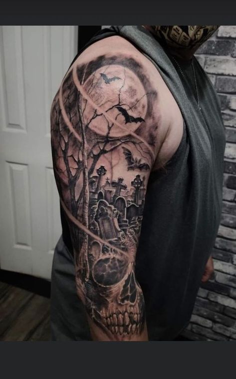 Graveyard Sleeve Tattoo, Skull Artwork Illustrations, Graveyard Tattoo, Warrior Tattoo Sleeve, Halloween Tattoos Sleeve, Gothic Tattoos, Emo Tattoos, Gray Tattoo, Dr Woo