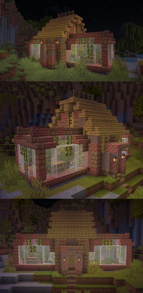 A somewhat rustic house created in Minecraft, consisting of a small central segment made primarily of brick, and two illuminated greenhouse segments on each side. Mud Bricks Minecraft, Minecraft Mud Brick Builds, Mud Brick House Minecraft, Brick Minecraft Houses, Minecraft Mud Brick, Minecraft Mud Brick House, Terracotta House Minecraft, Minecraft Terracotta House, Brick House Minecraft