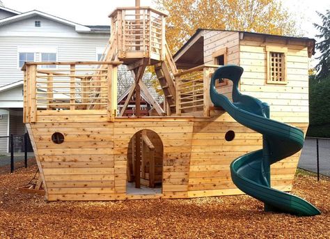 Pirate Ship Playhouse Plans, Ship Playhouse, Pirate Ship Playhouse, Tree House Ideas, Backyard Playset, Playhouse Plans, Playhouse Ideas, Play Area Backyard, Backyard Kids