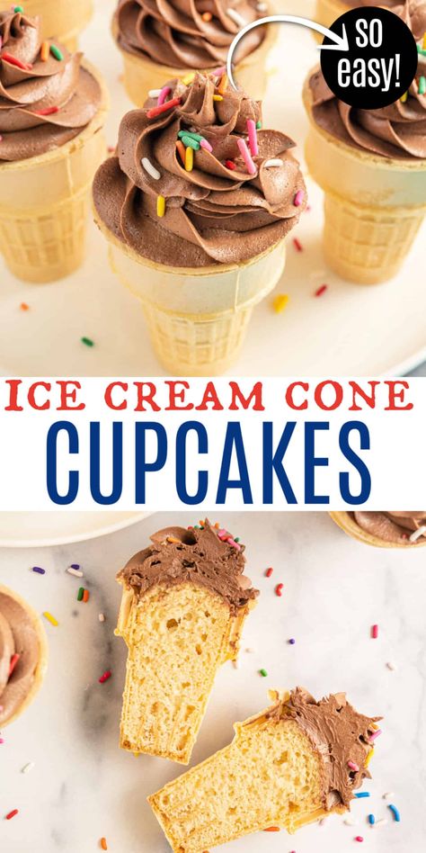 Ice Cream Cone Cupcakes combine the fun of a fluffy frosted cupcake with the delight of a cake ice cream cone to hold it in. This kid-friendly dessert is perfect for parties! Dump Bars, White Cupcake Recipes, Ice Cream Cones Recipe, Cupcakes From Scratch, Cone Cupcakes, Cake Jars, Ice Cream Cone Cupcakes, Frosted Cupcakes, Kid Friendly Dessert