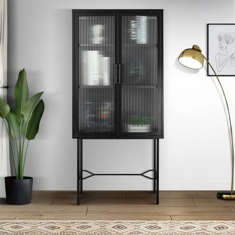 Mussab Metal Floor Cabinet with 2 Tempered Glass Doors, Dust-free Tall Storage Cabinet with 3 Layer Shelf Living Room Display Cabinet, Double Glass Doors, Dining Cabinet, Cabinet Glass, Floor Cabinet, Tempered Glass Door, Room Display, Modern Sideboard, Metal Floor