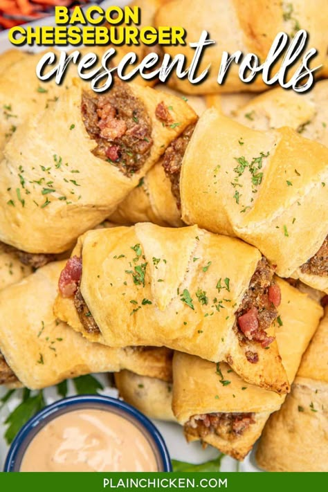 Bacon Cheeseburger Crescent Rolls - These little bites of heaven are filled with seasoned ground beef, crispy bacon, and gooey Velveeta cheese, all wrapped up in flaky crescent dough. Perfect for a quick weeknight dinner or as a crowd-pleasing appetizer for your next gathering. Dive into cheesy, savory goodness that'll have everyone asking for seconds! Crowd Pleasing Appetizers, Plain Chicken, Crescent Roll Recipes, Crescent Dough, Grilled Burgers, Crescent Roll, Bacon Cheeseburger, Quick Weeknight Dinners, Latest Recipe