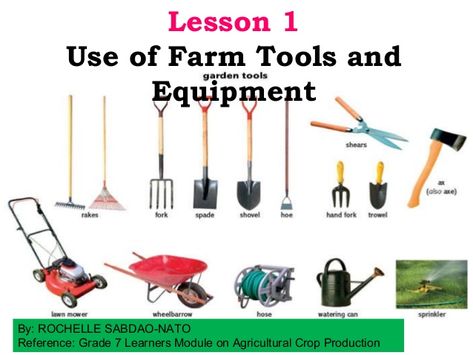 Lesson 1Use of Farm Tools andEquipmentBy: ROCHELLE SABDAO-NATOReference: Grade 7 Learners Module on Agricultural Crop ... Tools Vocabulary, Farm Tools And Equipment, Agriculture Tools, Farming Tools, Hand Cultivator, Types Of Farming, Agriculture Projects, Vegetables Garden, Agricultural Tools