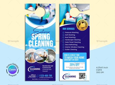 Exterior Cleaning Services Canva Door Hanger - Heropik | Marketing Materials For Small Businesses Deck Refinishing, Scrub Ideas, Door Hanger Template, Roof Cleaning, Junk Removal, Rack Card, Hanger Design, Cleaning Companies, Cleaning Company