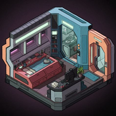 ArtStation - Futuristic Micro-apartment Illustrations, Jesse Riggle Apartment Concept Art, Apartment Concept, Sci Fi Room, Isometric Rooms, Cyberpunk Room, Futuristic Bedroom, Habbo Hotel, Scifi Interior, Isometric Room