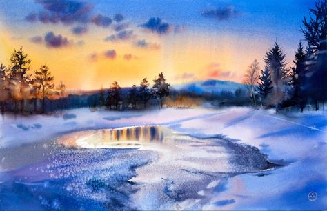 Watercolor Art Paintings, Winter Szenen, Winter Watercolor, Watercolor Pictures, Winter Painting, Watercolor Landscape Paintings, Watercolor Artists, Landscape Drawings, Watercolor On Paper