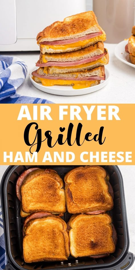 Air fryer grilled ham and cheese sandwiches are a delicious upgrade of the traditional grilled cheese sandwich. Taco Grilled Cheese Recipes, Air Fried Ham And Cheese Sandwich, Air Fryer Grilled Ham And Cheese Sandwich, Airfryer Ham And Cheese Sandwich, Grill Cheese Sandwich In Air Fryer, Air Fry Sandwich Recipes, Air Fried Sandwich, Air Fryer Panini Recipes, Ham And Cheese Recipes Dinners