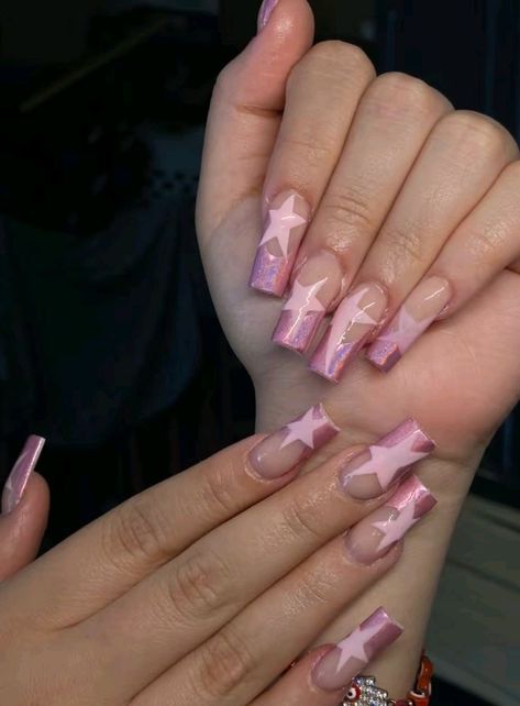 Acrylics With Star Design, Pink Star Nails Acrylic, Pink Stars Nails, Pink Nails With Stars, Star Nails Pink, Star Nails Acrylic, Pink Star Nails, Star Nail Designs, Cheetah Print Nails