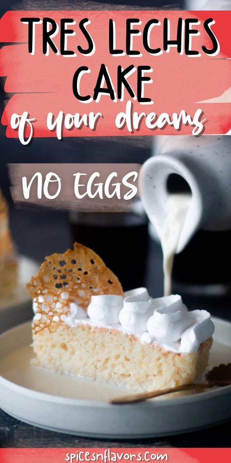 If you have never had Eggless Tres Leches Cake, you are in for a treat! Picture this: a fluffy white sheet cake, poked with holes and soaked in a mixture of milk, sweetened condensed milk, and cream (tres leches means 3 milks!) The resulting cake is irresistibly moist. It's perfect for Cinco de Mayo! Eggless Tres Leches Cake Recipe, Tres Leches Cake Eggless, Eggless Tres Leches Cake, Soaked Cake Recipe, White Sheet Cake, Chocolate Tres Leches Cake, Cake Recipes Without Eggs, Egg Free Cakes, Egg Free Baking