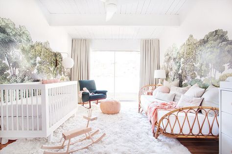 A Baby Girl’s Blush and Green Nursery Em Henderson, Rattan Headboard, Stylish Nursery, Green Nursery, Boho Deco, Baby's Room, Nursery Inspiration, Modern Nursery