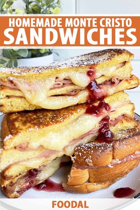 If a buttery triple-decker sandwich sounds like your cup of tea, you’ll fall hard for our melty Monte Cristo. After stacking ham and nutty Gruyère on puffy brioche, it's dipped in egg wash, griddled, dusted with powdered sugar, and served with sweet and tart raspberry jam. Read more. #montecristo #sandwich #foodal Montecristo Sandwich, Sandwiches Cold, Monte Cristo Sandwich Recipe, Monte Cristo Sandwich, Easy Sandwich, Easy Sandwich Recipes, Best Sandwiches, Easy Main Dishes, Simple Sandwiches