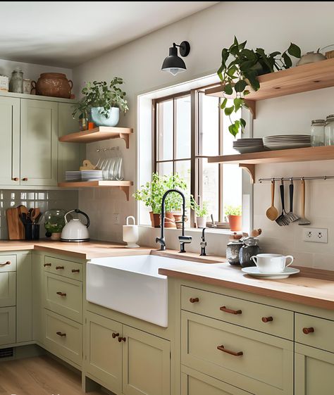 Green Color Kitchen, Sage Green Kitchens, Ivy Kitchen, Boho Farmhouse Kitchen, Green Kitchens, Basement Construction, Green Kitchen Designs, Condo Renovation, Sage Green Kitchen