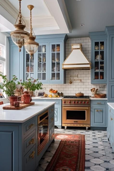 English Kitchen Cabinets, French Blue Kitchen, Cocina Shabby Chic, Blue Kitchen Cabinets, Victorian Kitchen, Cottage Kitchens, Country Style Decor, Blue Cabinets, French Country Kitchen