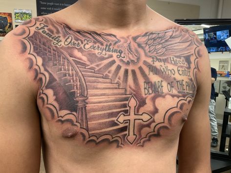 Heaven Chest Tattoo, Stairway To Heaven Tattoo Chest, Heaven Gates Chest Tattoo, Cloud Chest Tattoo Men, Half Chest Tattoo, Staircase To Heaven Tattoo Design, Chest Tattoo Sketches For Men, Stair Way To Heaven Tattoo, Stairway To Heaven Tattoo Sleeve