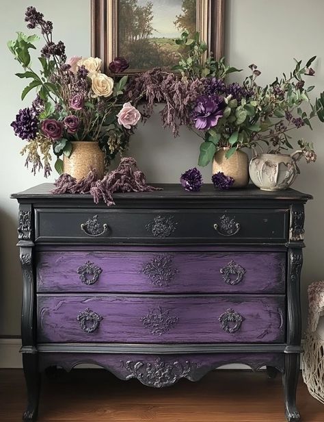 Create Purple Gothic Furniture, Witchy Dresser Makeover, Gothic Upcycle, Gothic Furniture Diy, Purple Furniture, Gothic Bedroom, Refinishing Furniture Diy, Purple Bedroom, Gothic Furniture