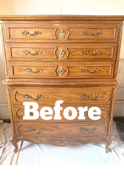 How To Paint A Wooden Dresser, White Painted Dresser With Wood Top, Painted Dressers Before And After, White Dresser Makeover, Painting Furniture White, Painting Dressers, Paint Furniture White, White Antique Dresser, Provincial Dresser Makeover