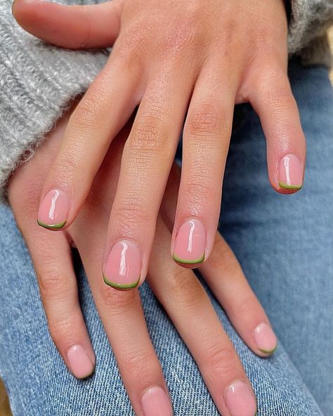 Khaki French Tip Nails, Khaki Gel Nails, Short Khaki Nails, Olive Green French Tip Nails Short, Khaki Tips Nails, Tickle Me Francey Opi Gel, Khaki Nails, Classy Nails, French Tip Nails