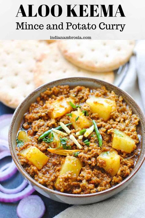 Keema aloo curry is a happy coming together of mutton, lamb or beef mince, cubed potatoes and of course onions and tomatoes. Made in the instant pot or stovetop, it is a one-pot Indian mince and potatoes dish that’s easy to make. Heavenly when eaten with roti or rice! Click on the pin for an easy recipe. #alookeema #indianrecipes #mincerecipes #easydinners #mainmeals Minced Beef Curry, Keema Aloo, Aloo Keema, Aloo Curry, Keema Recipes, Minced Beef Recipes, Onions And Tomatoes, Cubed Potatoes, Mince Recipes