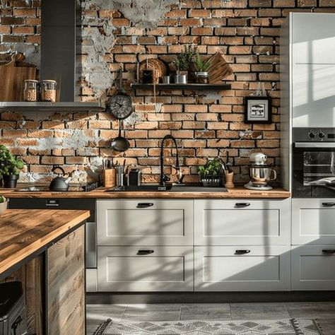 Rustic Kitchen Design with White Cabinets and Exposed Brick Walls Cottage Kitchen Remodel, Cottage Kitchen Backsplash, Kitchen Brick Wall, Cottage Kitchen Tiles, Cottage Kitchen Renovation, Modern Cottage Kitchen, Brick Kitchen Backsplash, Brick Living Room, Backsplash Patterns