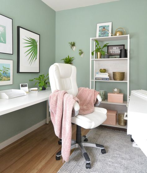 Trending: Blush Pink Accents | Centsational Style Green And Blush Office, Sage And Pink Office, Chenile Blanket, Blush Pink And Green Bedroom, Light Green And Pink Bedroom, Pink And Green Office, Pink Green Office, Light Green Office, Blush Pink Office