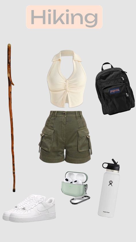 Hiking outfit and attire!! 🤍 { #hiking#nature#outfit#hikinginstyle } Cute Summer Hiking Outfit, Dofe Expedition Outfit, Hiking Outfit Summer Aesthetic, Cute Hiking Clothes, Hiking Aesthetic Outfit, Hiking Ootd, Spring Hiking Outfits, Aesthetic Hiking Outfit, Outdoorsy Aesthetic