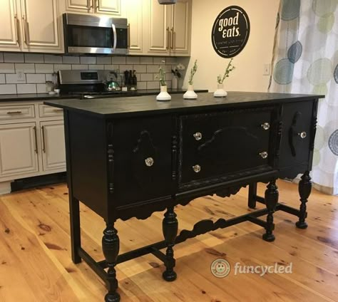 repurposed antique buffet into kitchen island Buffet Into Kitchen Island, Antique Kitchen Island, Cocina Shabby Chic, Unique Kitchen Design, Antique Buffet, White Furniture Living Room, Rustic Kitchen Island, Diy Kitchen Island, Antique Kitchen