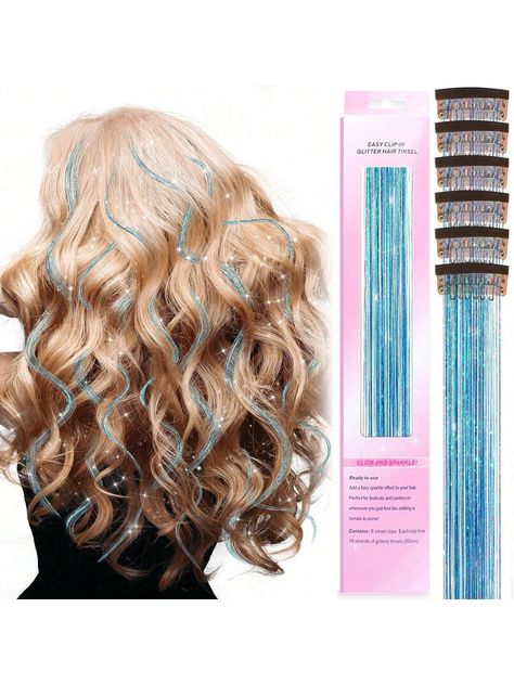 Pack Of 6 Pcs Clip In Hair Tinsel Kit, 20 Inch Heat Resistant Glitter Tinsel Hair Extensions, Fairy Hair Sparkle Strands Party Birthday Gift Hair Accessories For WomenI discovered amazing products on SHEIN.com, come check them out! Blue Hair Tinsel, Tinsel Hair Extensions, Tinsel Hair, Hair Tinsel, Fairy Hair, Cropped Camisole, Clip In Hair, Glitter Hair, Wigs Hair Extensions