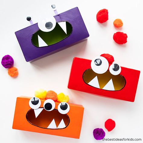 Tissue Box Monster Craft for Kids Fairy Jars Diy, Tissue Box Crafts, Diy Kid Activities, Origami Frog, Halloween Infantil, Monster Craft, Recycled Crafts Kids, Monster Crafts, Fun Activities For Toddlers