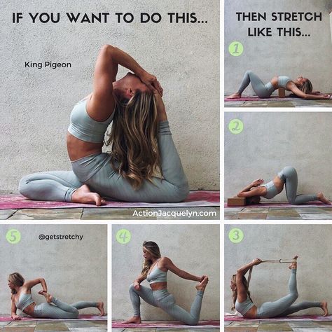 @actionjacquelyn • KING PIGEON pose preps!! Use all of these @getstretchy stretches to prepare yourself for this beautiful pose! Do each stretch for 30 sec - Yoga Ashtanga, Ashtanga Vinyasa Yoga, Yoga Handstand, Yoga Beginners, Beginner Yoga, Yoga Posen, Yoga Exercises, Yoga For Flexibility, Easy Yoga Workouts