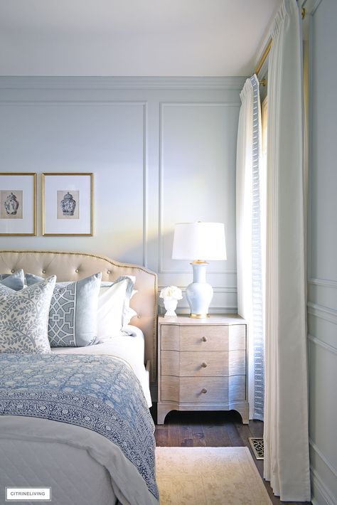 Bedroom reveal: A European-inspired retreat in soothing blue-grey walls + moldings, chic drapes + layers of sophisticated elegance. Benjamin Moore Blue, Blue Grey Walls, Bamboo Roman Shades, Bedroom Reveal, Bedroom Drapes, Bedroom Updates, Gorgeous Bedrooms, Custom Drapes, Plaid Ribbon