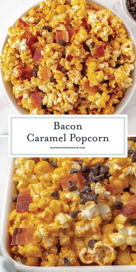 This Bacon Caramel Popcorn is the perfect blend of sweet and salty. Perfect for parties, a snack, or even dessert! Ready in just 10 minutes! Bacon Popcorn Recipe, Salty Party Snacks, Vanilla Custard Recipe, Bacon Popcorn, Popcorn Recipes Sweet, Fun Appetizers, Caramel Popcorn Recipe, Dessert Cravings, Fabulous Desserts