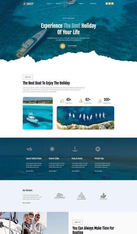 Yacht Club & Boat Rental Elementor Template Kit Wordpress Template Design, Elementor Templates, Website Layouts, Website Design Inspiration Layout, Catamaran Yacht, Yacht Rental, Best Boats, Layout Architecture, Jet Boats