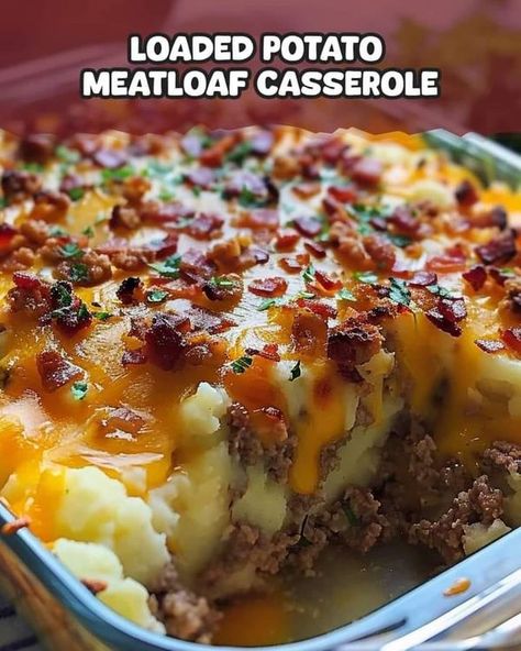 Bacon Topped Meatloaf, Loaded Potato Meatloaf, Potato Meatloaf Casserole, Savory Meatloaf, Meatloaf Casserole, Instant Mashed Potatoes, Lamb Dishes, Loaded Potato, Beef Casserole Recipes