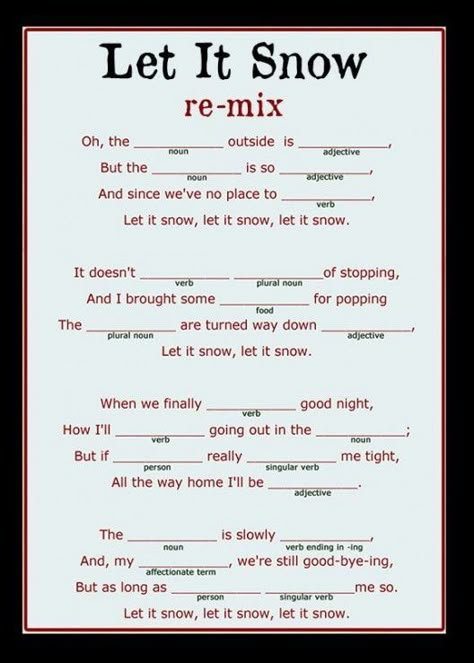 Christmas song remix “MadLib” style Christmas Mad Lib, Christmas Mad Libs, Xmas Games, Mad Libs, Holiday Games, Christmas School, Christmas Party Games, Winter Party, Elementary Music