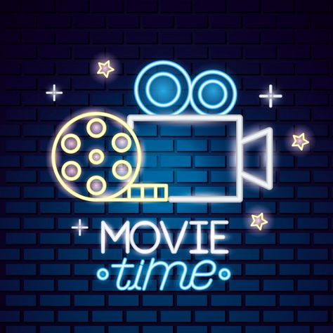 Movie time neon sign sign Free Vector | Premium Vector #Freepik #vector #camera Vintage Film Strip, Movie Clapper, Neon Symbol, Cinema Sign, Leaf Symbol, Bollywood Party, Neon Room, Mandala Background, Festival Background