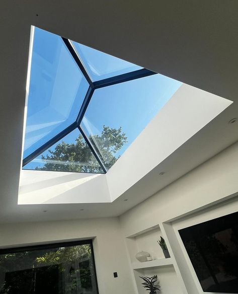 Take a look at this stunning roof lantern from a recent project, made to fit this space perfectly.⁠
⁠
Our roof lanterns are perfect for elevating the ambience of any room, allowing natural light to pour in from above, and opening up your living space to new heights. ⁠
⁠
The black frames act as a statement piece, making your space stand out while complementing both traditional and contemporary design styles. Black Roof Lantern, Lantern Roof Light, Cozy House Ideas, Roof Lanterns, Roof Balcony, Conservatory Extension, Orangery Extension, Sky Lantern, House Of The Future