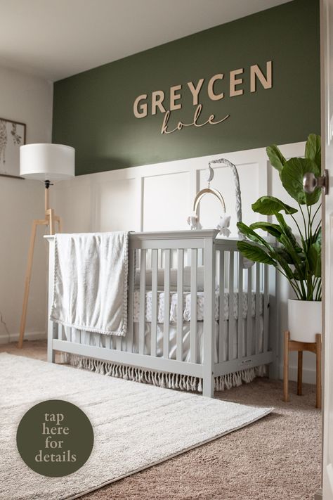 Baby boy nursery | boy nursery room ideas | boho nursery | baby boy nursery ideas | organic nursery | nursery inspiration | baby boy room tour | nursery organization | nursery ideas | baby boy nursery decor | gender neutral nursery | simple nursery Green Accent Wall With Grey Crib, Sage Green Shiplap Wall Nursery, Green Nursery Grey Crib, Baby Boy Simple Nursery, Hunter Green Boy Nursery, Baby Boy Accent Wall, Green Wall Nursery Boy, Boy Nursery Accent Wall Ideas, Olive Nursery Boy