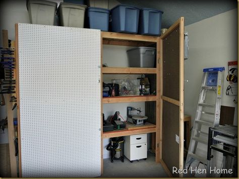 I love this pegboard on the door of the cabinet -- great idea for extra organization! Pegboard Door, Basement Refinishing, Tool Storage Cabinets, Shed Organization, Red Hen, Garage Shelving, Garage Cabinets, The Cabinet, Peg Board