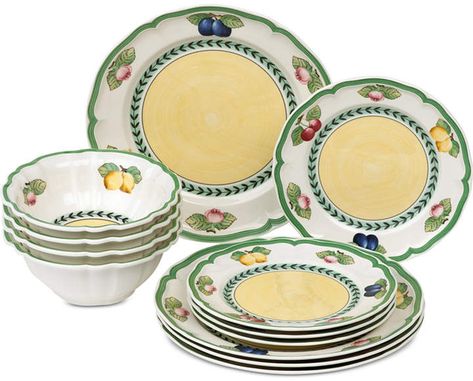 Villeroy & Boch French Garden 12-Pc. Dinnerware Set, Service for 4 Yellow Palette, Serveware Entertaining, 4 Plates, Lattice Design, French Garden, Fruit Design, Summer Fruit, Villeroy & Boch, Dinnerware Set