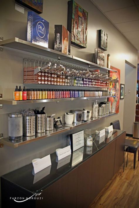 Welcome to the Elle Vie Salon Color Bar! Salon Dispensary Ideas, Color Bar Salon Ideas, Dispensary Ideas, Salon Color Bar, Small Salon, Salon Design Ideas, Home Hair Salons, Hair Salon Design, Hair Salon Interior