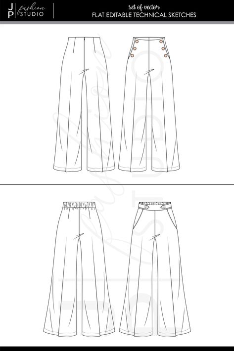 Pant Sketch Drawing, Flat Sketches Fashion Adobe Illustrator, Pants Technical Drawing Women, Pants Flat Drawing, Flat Pattern Fashion, Pant Flat Sketch, Pant Template, Pant Sketch, Fashion Flats Illustrations