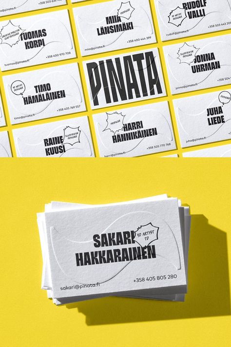 A playful, modern business card designed by Kobra Agency for Piñata, an animation and illustration studio based in Helsinki. #businesscards #branding #identity #graphicdesign #brandinspiration #branddesign #namecards #typography #wordmark #businesscard #businesscarddesign #patterns #illustration Playful Business Card, Animation Business Cards, Creative Agency Business Card, Business Card Typography, Agency Business Cards, Business Card Gallery, Patterns Illustration, Clever Business Cards, Art Business Cards