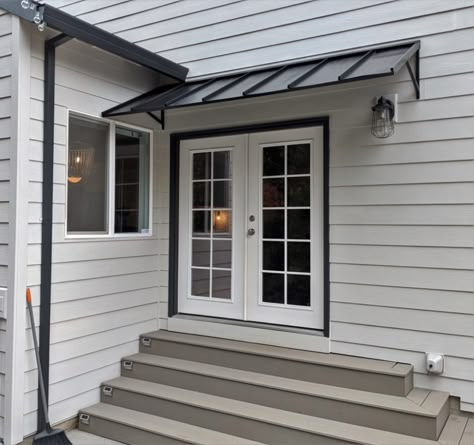 Aluminum Door Awning, Metal Awning Over Door, Awning Brick House, Metal Awning Window, Modern Metal Awnings Over Doors, Awning Above Front Door, Driveway Awning Ideas, Awning Back Door, Modern Front Door Overhang