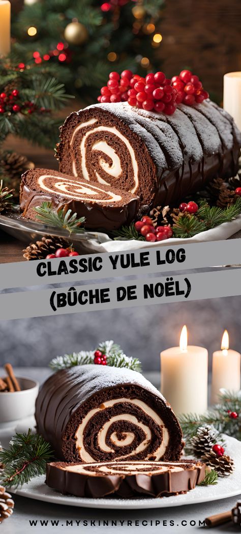 Get ready to impress with this Classic Yule Log (Bûche de Noël)! 🎄✨ A festive and elegant dessert perfect for the holidays. This delightful roll features a light sponge cake filled with fluffy whipped cream and covered in decadent chocolate ganache. Decorate with powdered sugar, fresh berries, or meringue mushrooms for a stunning presentation. Enjoy the taste of the season with this show-stopping dessert! #YuleLog #BûcheDeNoël #HolidayDesserts #ChristmasTreats #myskinnyrecipes  🍰🍫🎅 Yule Log Cake Recipe, Sour Cream Scones, Yule Log Recipe, Chocolate Yule Log, Chocolate Roll Cake, Yule Log Cake, Cake Roll Recipes, Christmas Baking Recipes, Log Cake