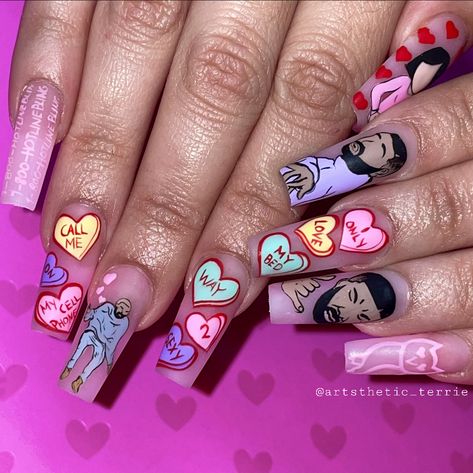 I Heart Drake, Drake Acrylic Nails, Drake Nail Ideas, Drake Concert Nail Ideas, Drake Inspired Nails, Drake Valentines, Nails For Drake Concert, Drake Nails Ideas, Drake Nails Ovo