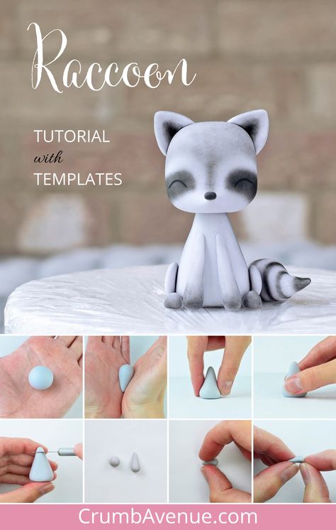 Fondant Animals Step By Step, Clay Figures Easy Step By Step, Raccoon Cake Topper, Fondant Raccoon, Fondant Woodland Animals Tutorial, Cake Fondant Ideas, Fondant Woodland Animals, Raccoon Cake, Fondant Animals Tutorial