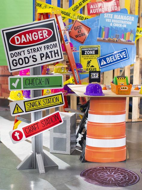 vbs-construction-check-in-station-idea-10 Vbs Construction Decorations, Construction Vbs Decorations, Vbs 2020 Construction Crafts, On The Case Vbs Decorations, Construction Vbs, Construction Bible School Theme, Sunday School Themes, Party Zone Construction Sign, Under Construction Theme